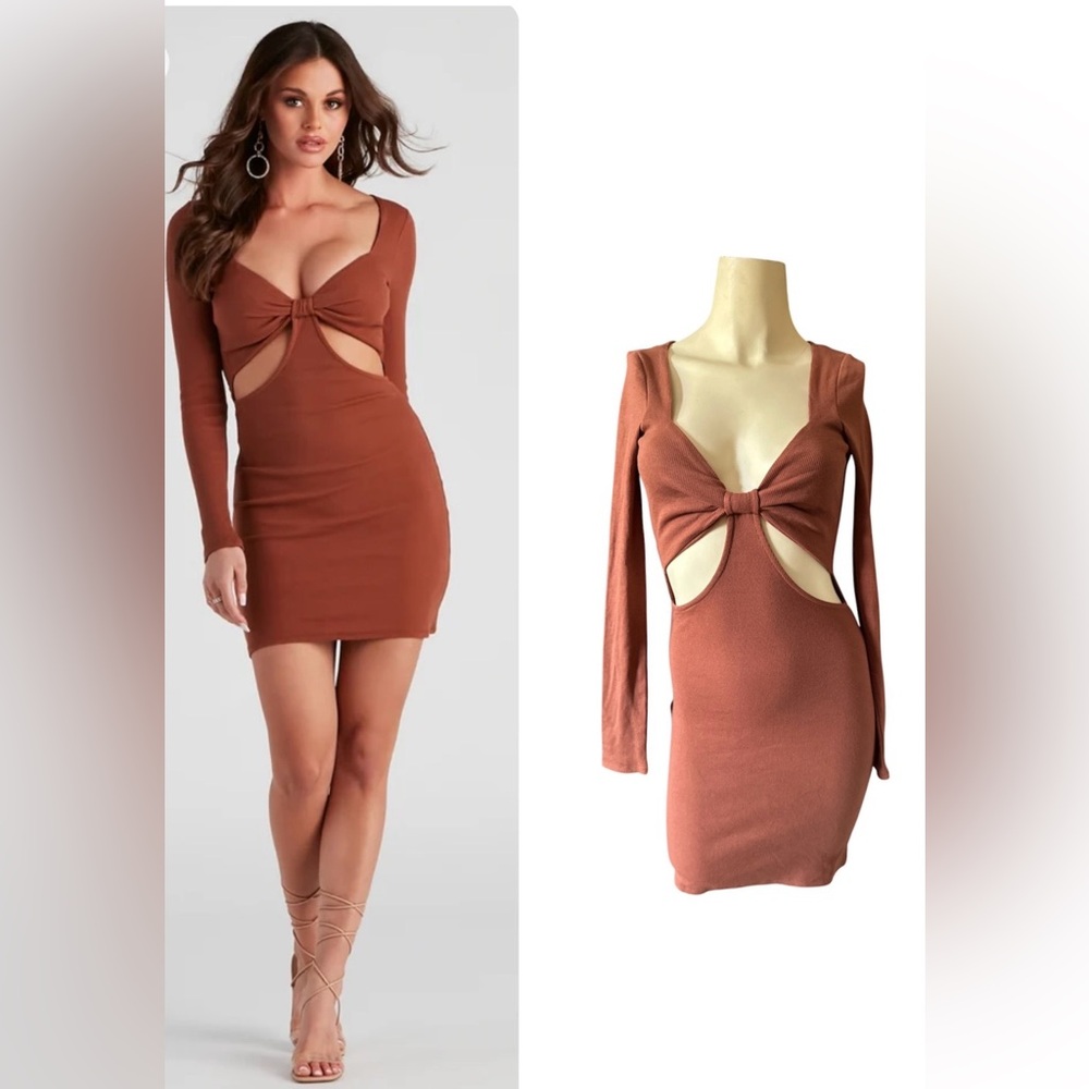 Windsor On Top Of The Trends Mini Dress Rust Cutout Knot Front Bodycon women S